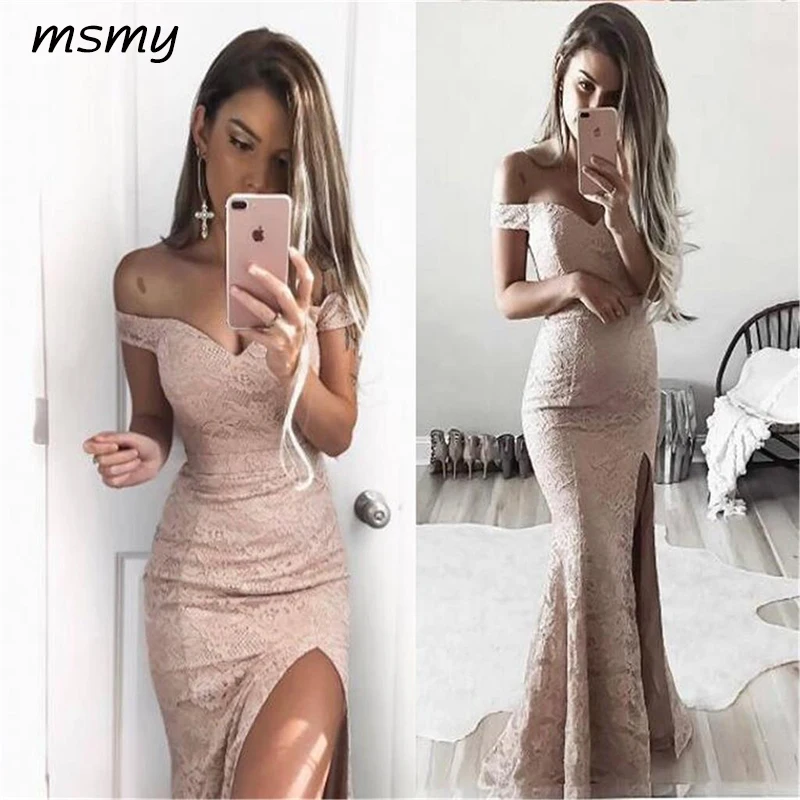 2019 Charming Lace Off Shoulder Slit Prom Dresses, Popular Prom Dress, Evening Dress 159