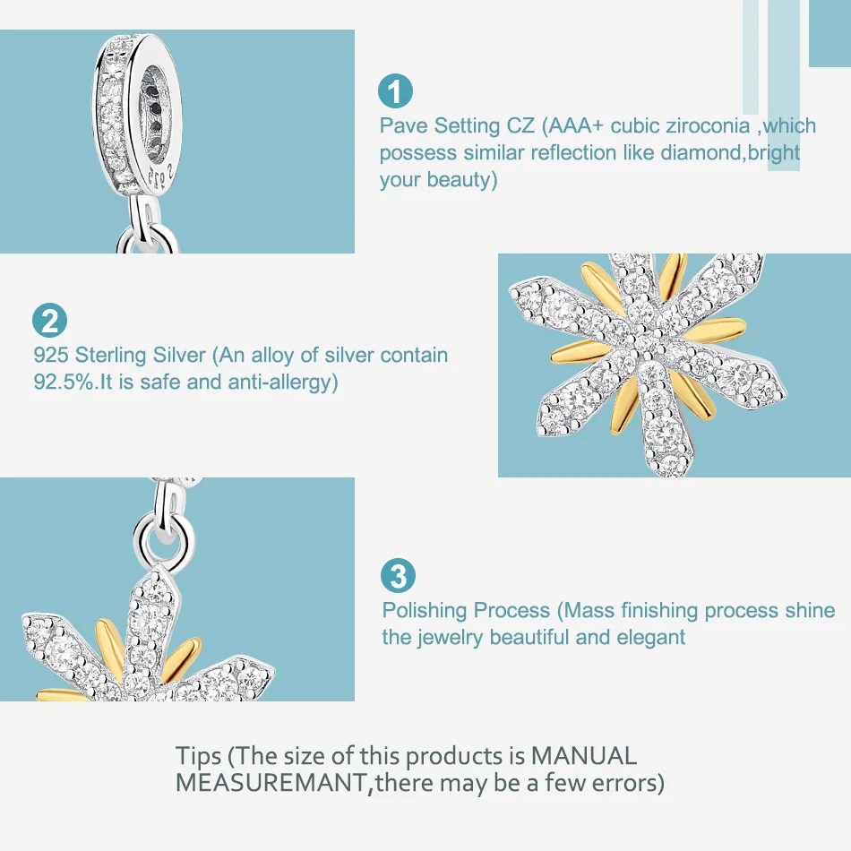 Стерлингового серебра 925 пробы золотой цвет Снежинка Шарм CZ Кристалл Подвески бусины подходят Pandora Шарм браслет ювелирных изделий