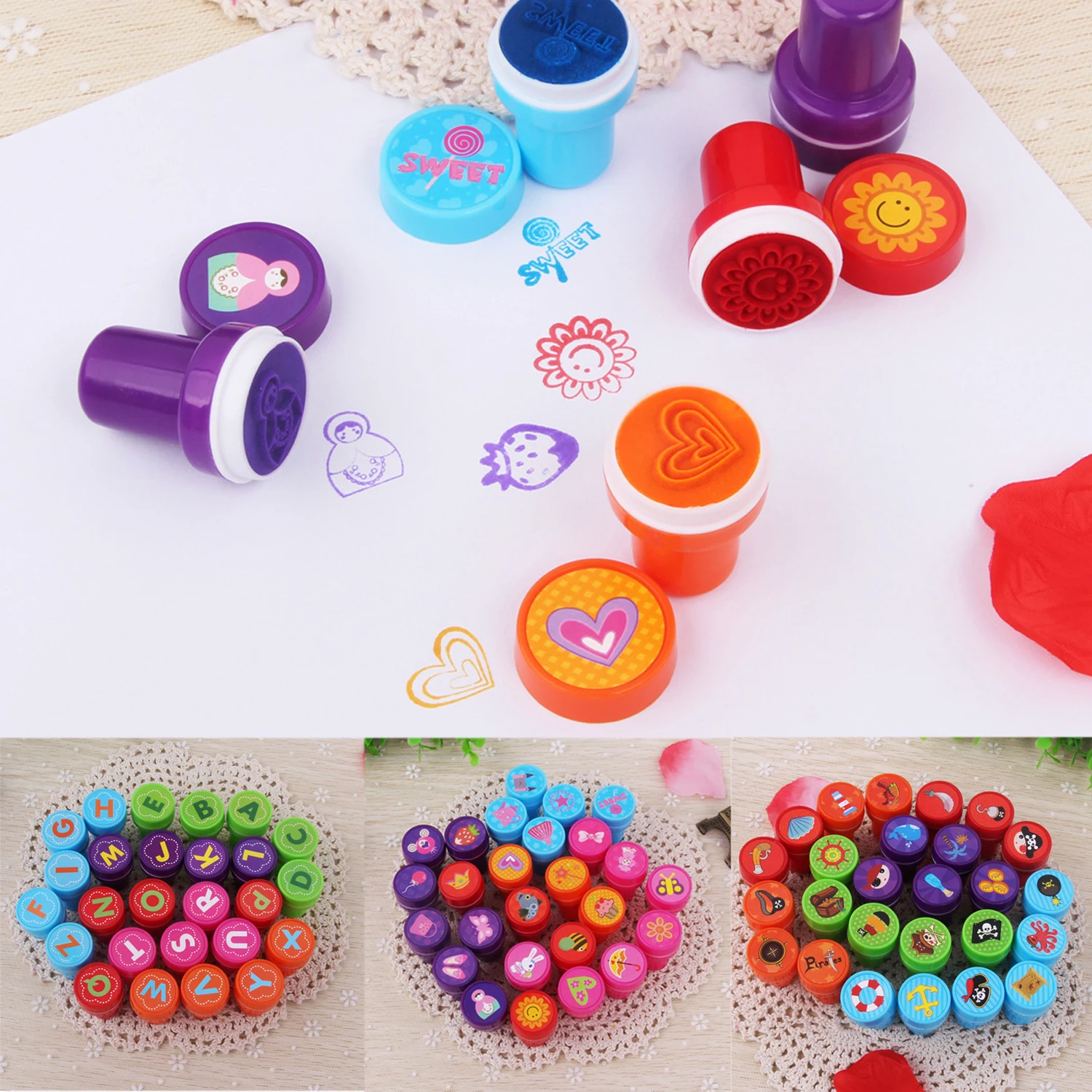 26 Kids Self ink Cartoon Alphabets Pirates Princess Inking Stamp Toy Inkpad Stamper Accessories DIY Crafts