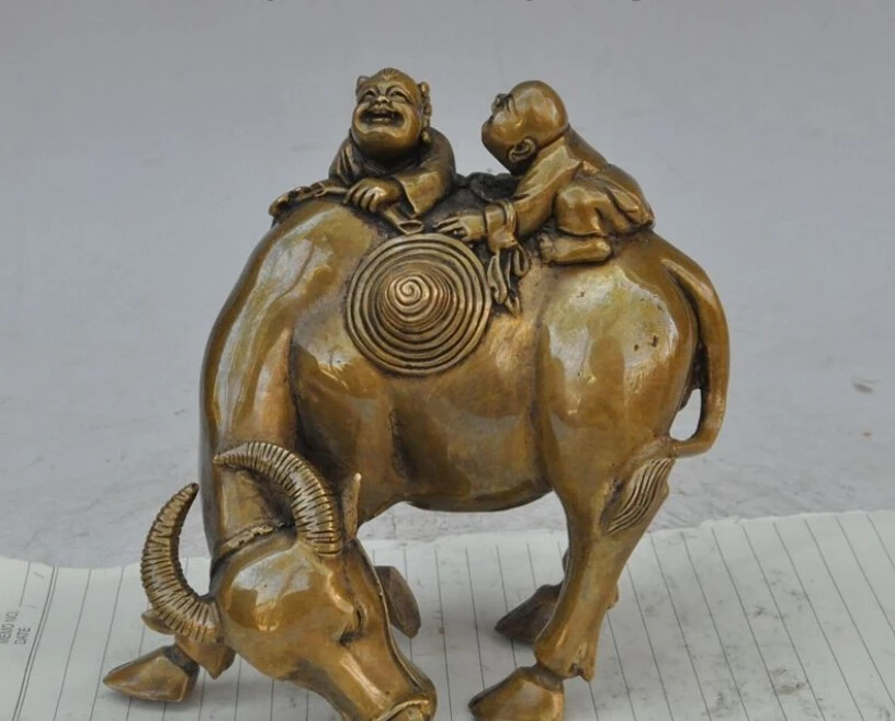 

Folk Chinese bronze 2 Child Cowboy Shepherd Boy ox bull Cattle aniaml statue