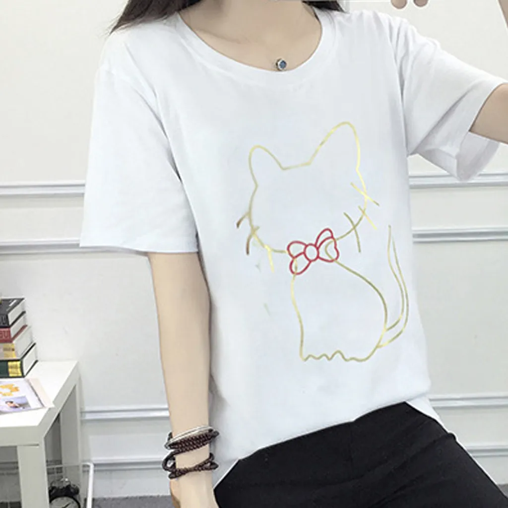 Women Blouse 2019 Womens Ladies Regular Short Sleeve Round Neck Cat Printing Blouse