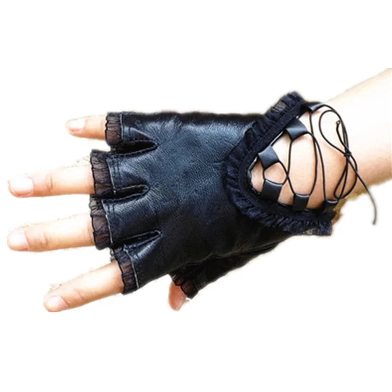 

Female Black Half Finger Genuine Leather Gloves Ladies Dance Costume Lace Glove Soft Sheepskin Trim Sexy Gloves Without Finger
