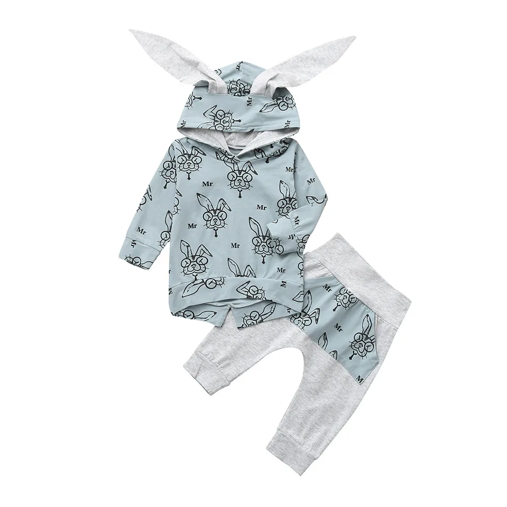 

MUQGEW 2019 print cute Baby Clothes Set 2PCs Boys Girls Long Sleeve Rabbit Hooded Tops+ Pants Set Outfits ropa recien nacido