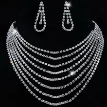 Многослойные с кристаллами стразами серебряный ожерелье серьги женские свадебные ювелирные изделия набор для невесты Вечерние подарок