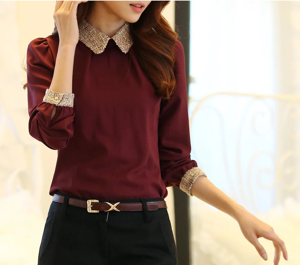  2015 new fashion Korean lady long sleeve lace chiffon shirt peter pan collar lantern sleeve women b