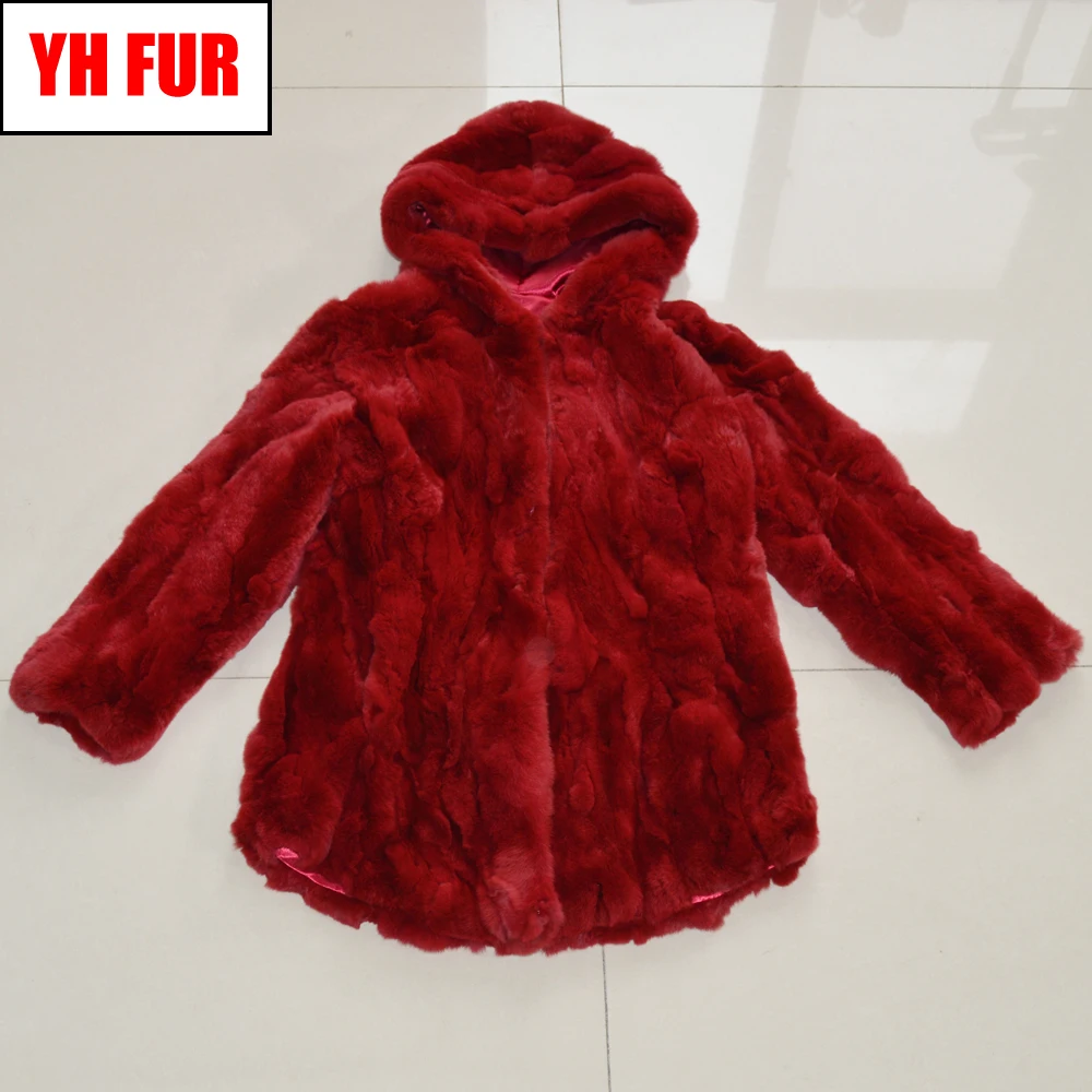 

Lady Long Style Genuine Real Rex Fur Jacket Fur Hood Women Rex Rabbit Fur Coat Handmade Natural Rex Rabbit Fur Hooded Overcoat