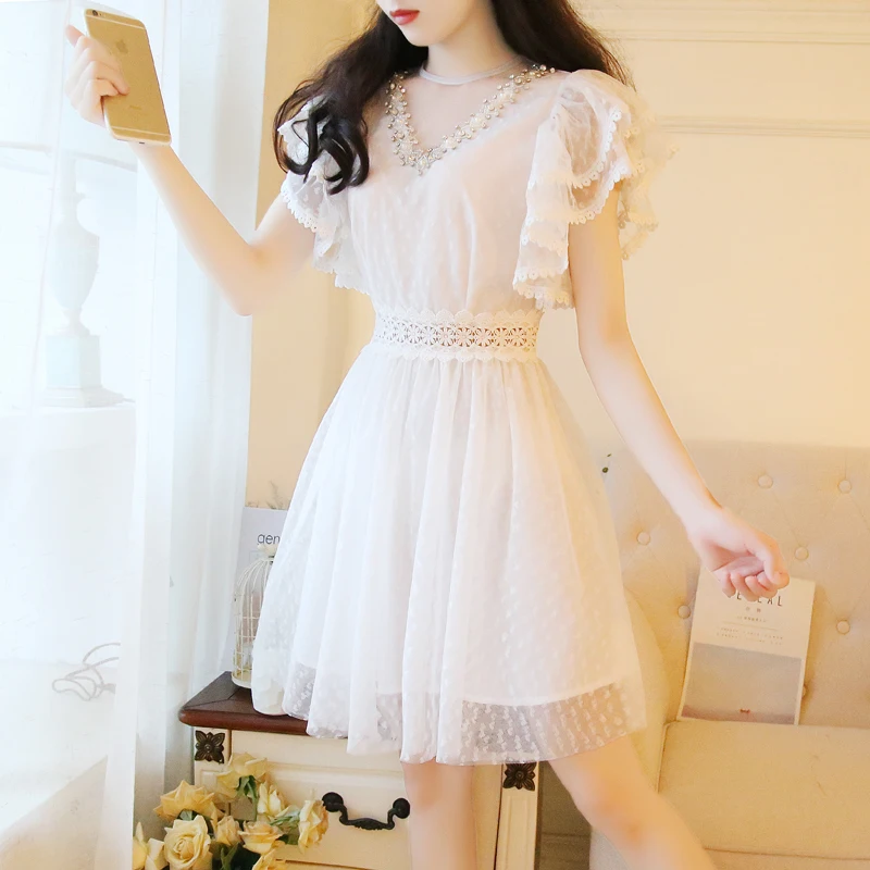 

Gentle Style Fairy Summer Japanese Sweet Cute Princess White Lace Netting Butterfly Sleeve Dress College Elegant Sweet Dress