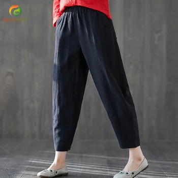 

Women Cotton Linen Harem Pants Elastic Waist Casual Pantalon Loose Pockets Retro Turnip Trousers Female Bloom Pants M-XXL