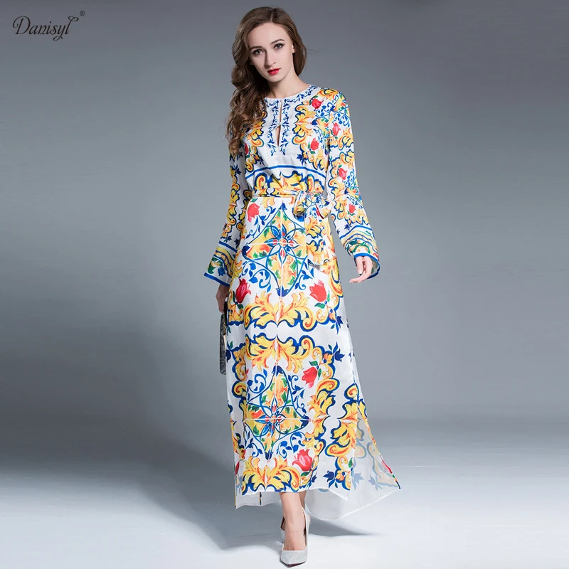 HIGH QUALITY New 2017 Designer Runway Floral Print Long Dress Full
