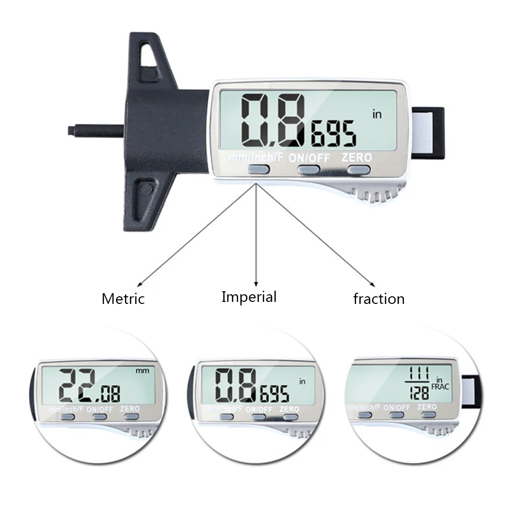 

Digital 0-25.4mm/0.01mm Tread Depth Gauge Metric/Inch/Fraction Big LCD Display Caliper Wheel Tread Depth Meter Measuring Tools