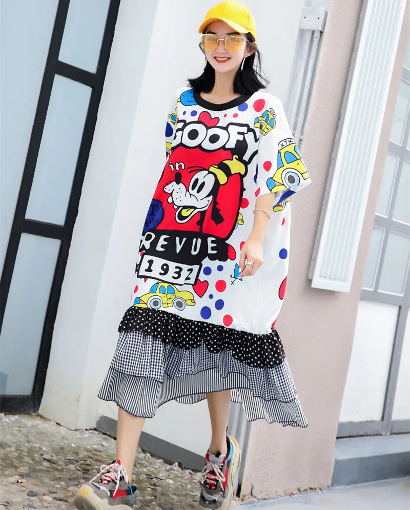 

Women High Street Hip Hop Design T-Shirt Dress Cartoon Printed Short Sleeve Dress Ruffle Spliced Summer Dresses