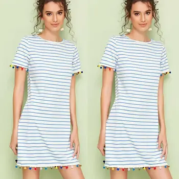 

Womens Shirt Dress Casual Tassel Ball Sundress Short Sleeve Mini Dress Casual Long Tops Striped Ladies Summer Beachwear