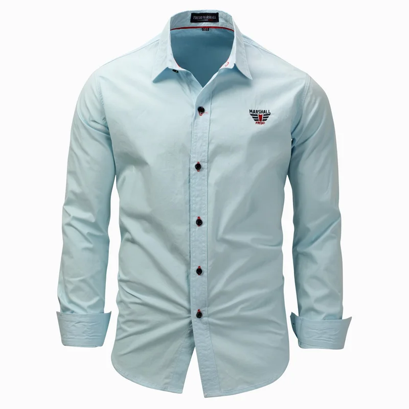 FreddMarshall бренд с длинным рукавом одноцветное Вышивка Повседневная рубашка для мужчин Slim Fit хлопковые рубашки бизнес мужская классическая рубашка 3XL Chemise Homme - Цвет: Light blue