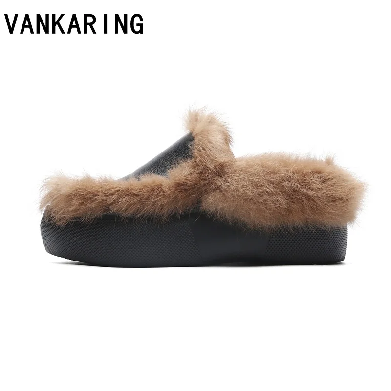 

VANKARING autumn winter home shoes creepers casual women casual flats platform shoes black fashion genuine leather fur loafers