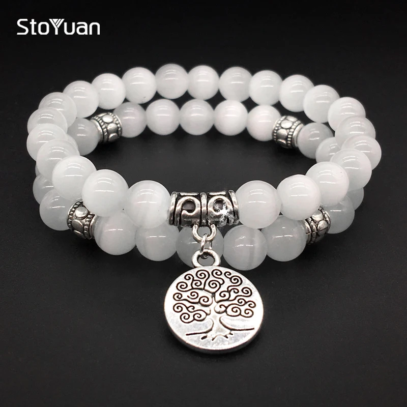 

2019 New Tree of Life jewelry Yoga Mala Bracelet White Cateye Stone Healing Protection Elastic Beaded Bracelet Jewelry