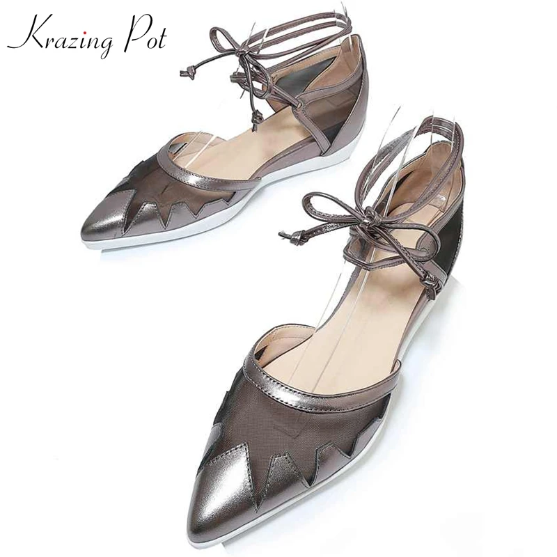 

Krazing Pot genuine leather air mesh pointed toe summer vintage ankle lace up sexy sneakers fashion cozy vulcanized shoes L90