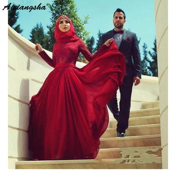 

Red Muslim Evening Dresses A-line Long Sleeves Chiffon Lace Formal Islamic Dubai Saudi Arabic Hijab Long Prom Evening Gown