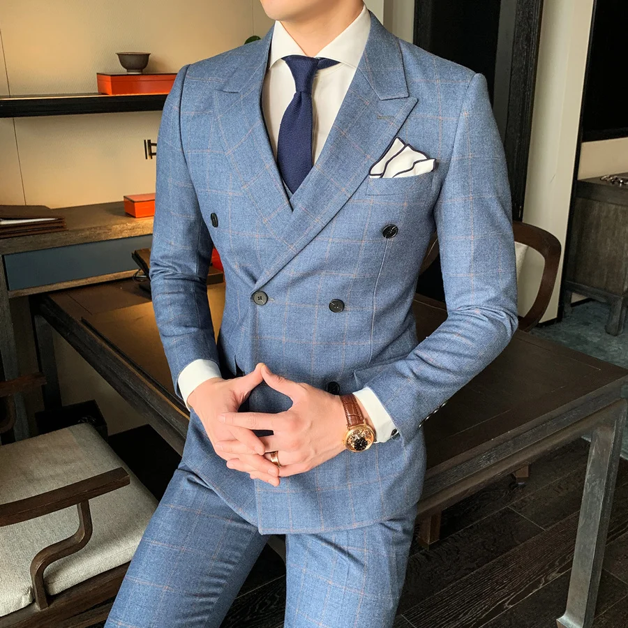 Uomo Doppio Petto Del Vestito Alla Moda Mens Abiti Plaid Elegante Abiti per  party di matrimonio Kaki Luce Blu Pantaloni Giacca Gilet|Suits| - AliExpress