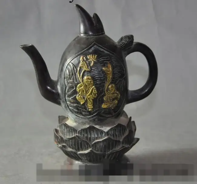 

S02197 6" china chinese bronze gilt Lotus boy lad statue Fantastic Rice wine pot Flagon B0403