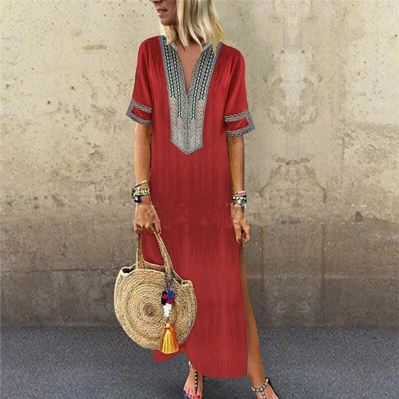 New Fashion Women Summer Sexy V-Neck Short Sleeve Folk-Custom Print Vintage Dress Elegant Ladies Casual Party Vestidos #4R09   (12)