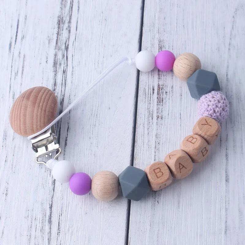 Baby Pacifier Clips DIY Pacifier Chain Wooden+ Silicone Beads Baby Teething Soother Chew Toys Wood Dummy Teether Clip Holder - Цвет: Purple