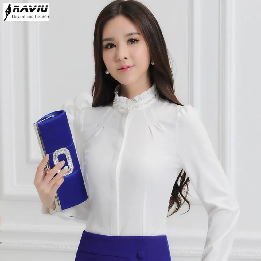 

Autumn new arrival elegant women long sleeve shirt solid slim stand collar female white chiffon blouse plus size work wear tops
