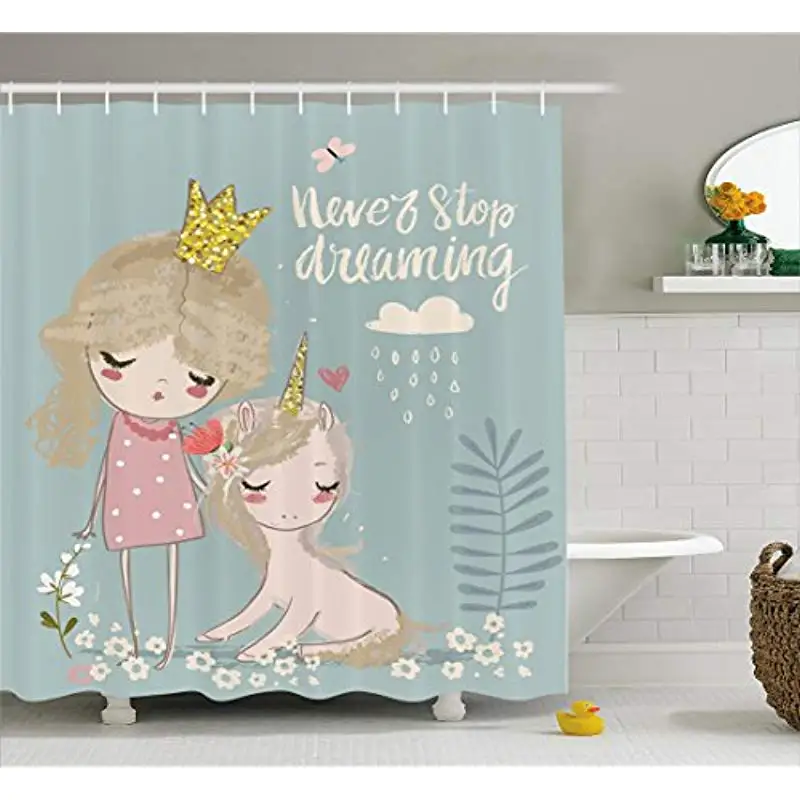 

Vixm Quote Shower Curtain Artistic Composition with Little Princess Girl Unicorn Never Stop Dreaming Quote Fabric Bath Curtains