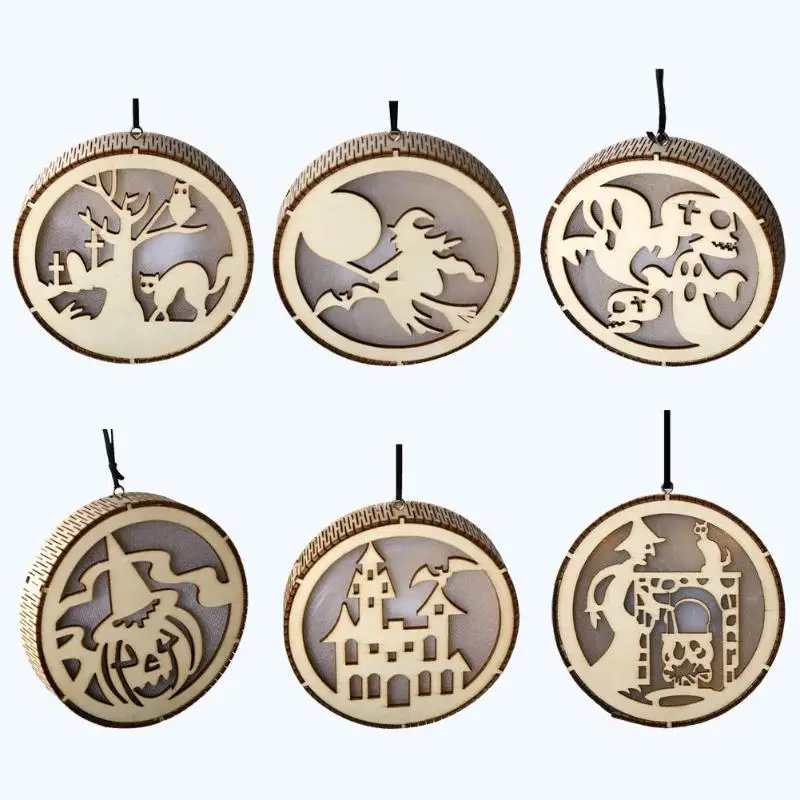 

Wooden Halloween Round Hollow Pendant w/ LED Light Hanging Decoration Craft