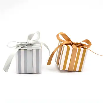 

Silver and gold vertical stripes wedding birthday Favor party candy box Chocolates Gift Boxes With ribbon 50 pcs