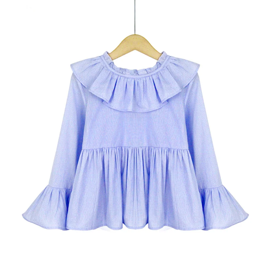 

French girl long sleeve shirt blue and white striped lotus leaf leader girls shirt cotton children's clothing bottoming shirt