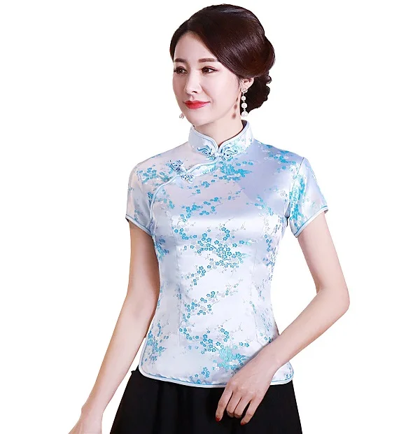 Шанхай история короткие Cheongsam Топ Традиционный китайский искусственный шелк/Атласный топ Дракон и Феникс Вышивка Блузка Топ Qipao рубашка - Цвет: Flower Sky Blue