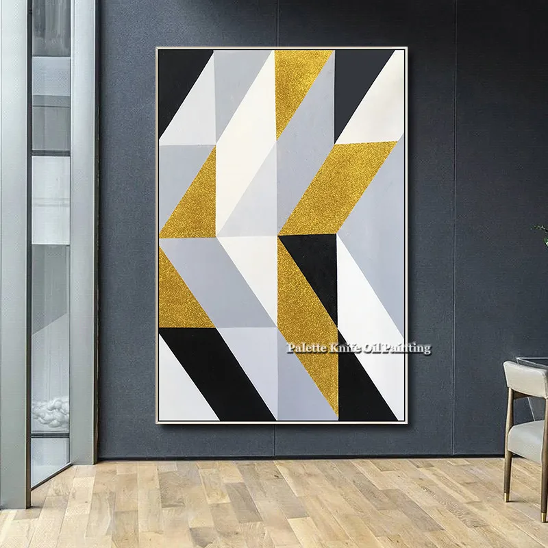 Hand-Painted Abstract Geometric Golden White Oil Painting Wall Art Pictures for Living Room Home Decor Modern Abstract Qudraos