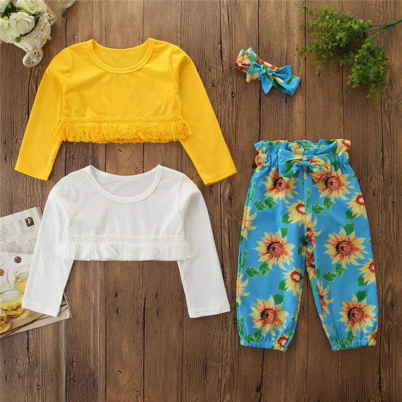 

4pcs Toddler Kid Baby Girl Clothes T-Shirt Crop Tops+Floral Pants Trousers Headband Outfits Set
