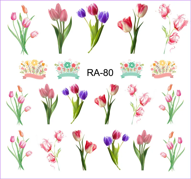 UPRETTEGO дизайн ногтей Красота воды Наклейка слайдер цветок красочный цветок тюльпан голландская RA79-84 - Цвет: RA080
