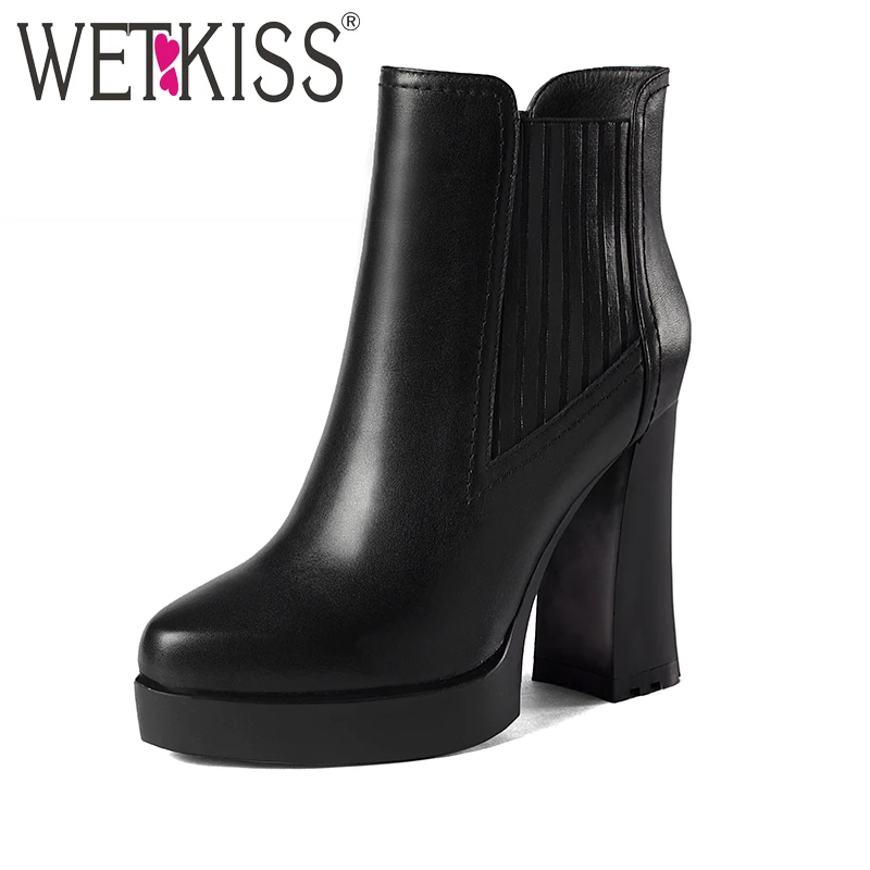 

WETKISS Genuine Leather Noble Ladies Ankle Boots Women Shoes Thick High Heels Boot Autumn Elastic Slip Platform Winter Boots