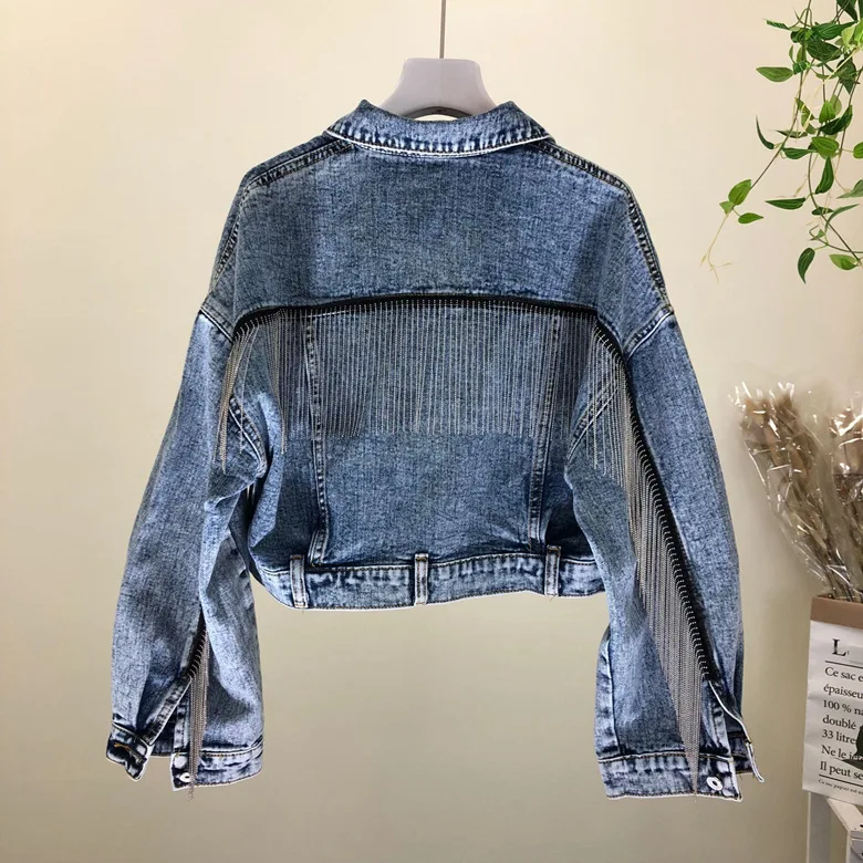 Fashion heavy duty tassel small chain wash short jacket denim women's jacket Autumn bat short sleeve jeans jacket woman