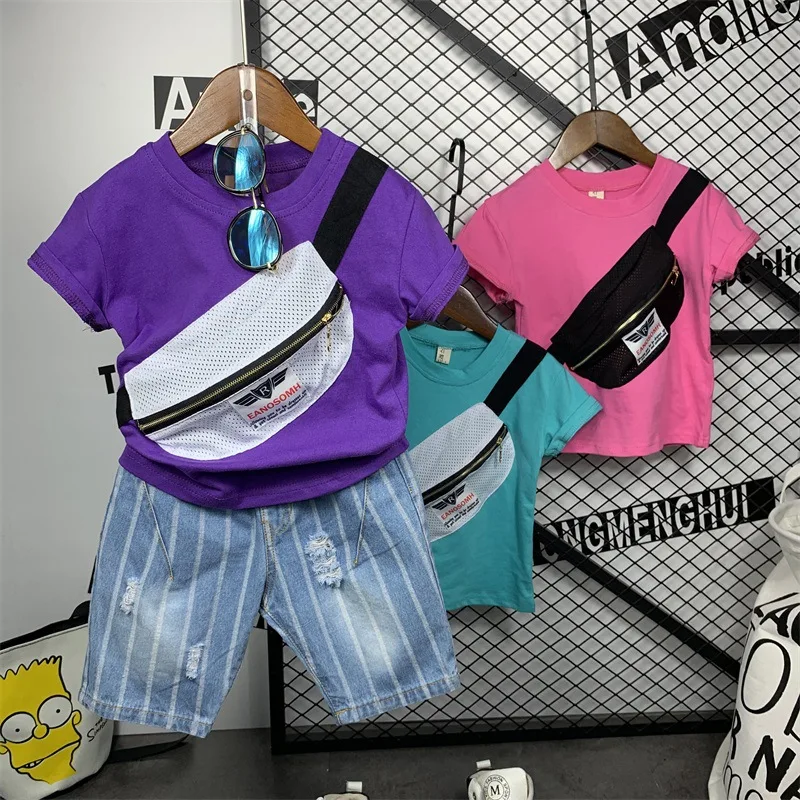 2PCS WLG boys summer clothing set kids boy purple green pink bag t