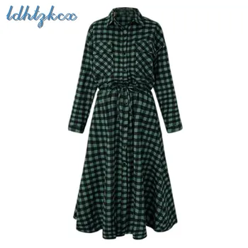 

Women's Long-sleeved Knee-Length Dress 2018 Autumn-winter New Fashion Office Lady Plaid Bow A-Line Dress Fresh Cotton Dress L384