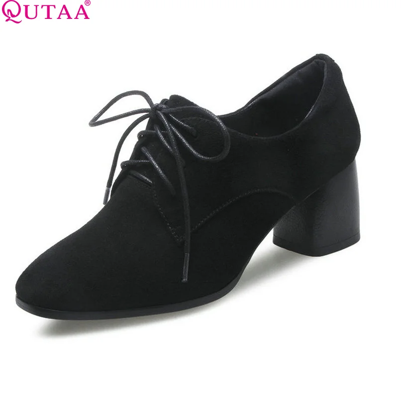 

QUTAA 2017 Women Pumps Square Med Heel Pointed Toe Lace Up Platform Genuine leather Ladies Wedding Shoes Size 34-39