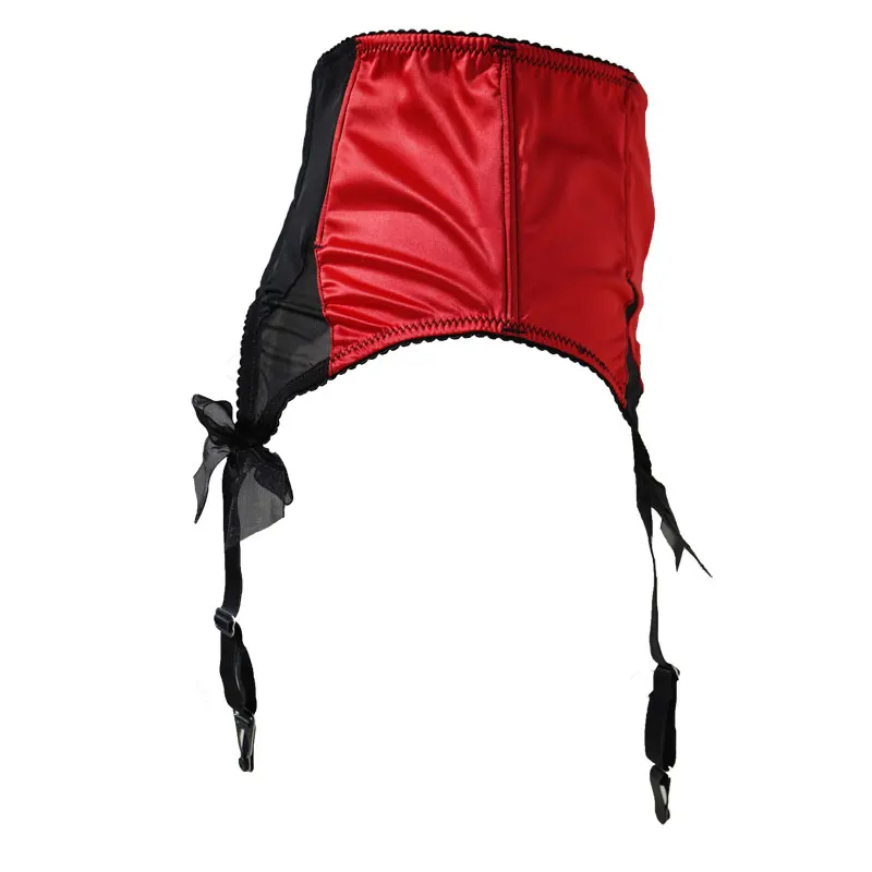 Red Satin Mesh Bow Fishbones Metal Buckles 4 Wide Straps Women/Female/Lady Sexy Garter Belts for stockings Suspender Belt S511R