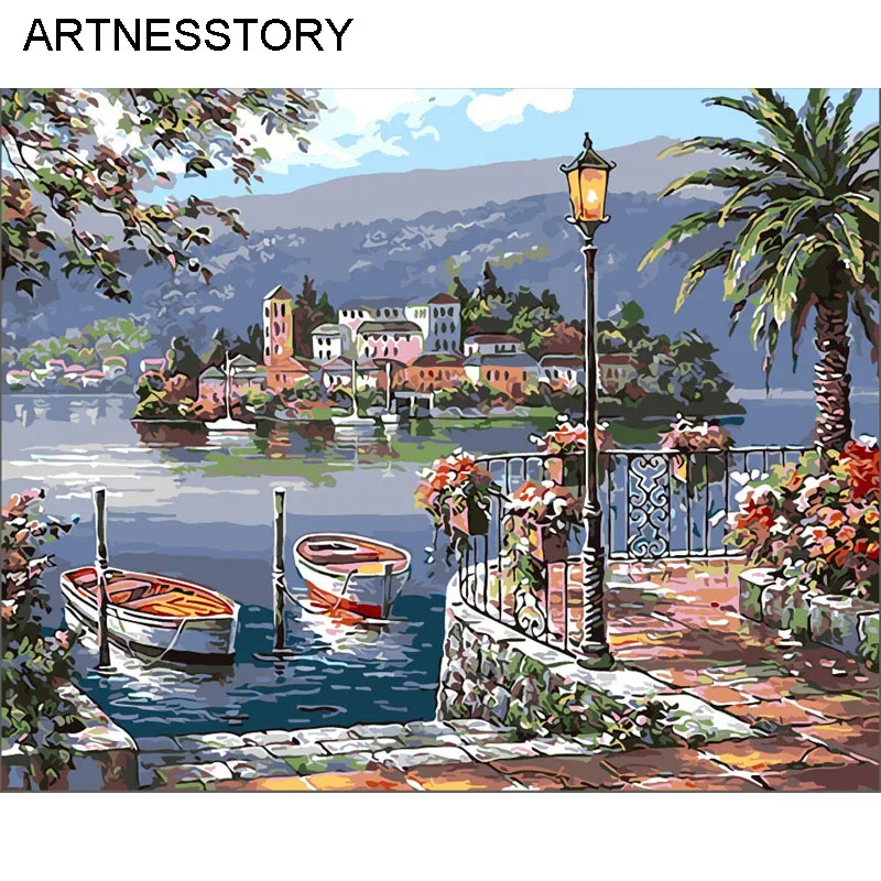 ARTNESSTORY Unframed Painting By Numbers Seascape Harbor Boat Pictures
