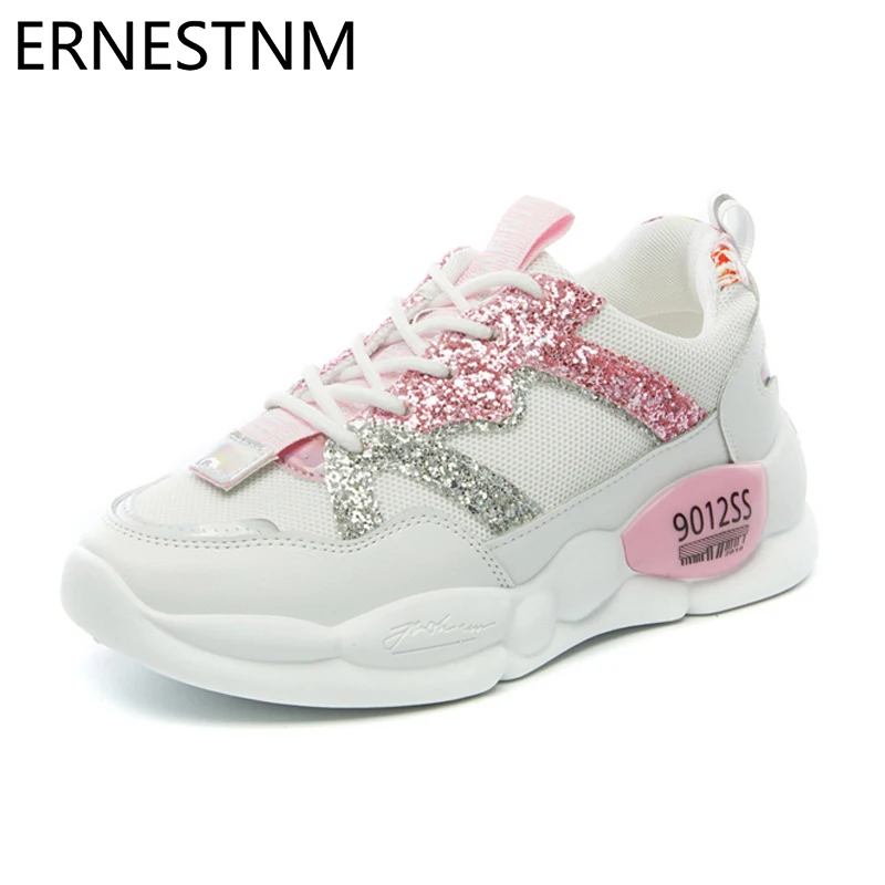 

ERNESTNM Glitter Sneakers 2019 Autumn Sock Shoes Women Sequined Cloth White Shoes Bling Lace Up Chunky Sneakers Tenis Feminino