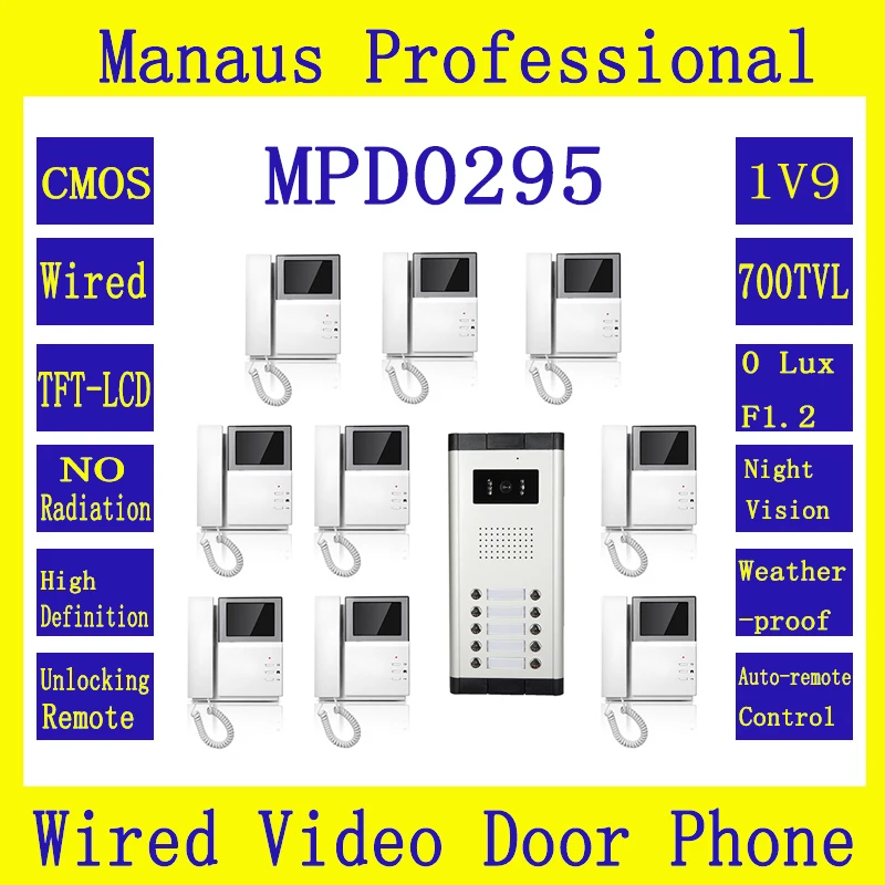 Hot Selling One to Nine Video Doorphone 4.3\ TFT LCD Multi-storey Residential Buildings With Straight Touch Video Intercom D295b