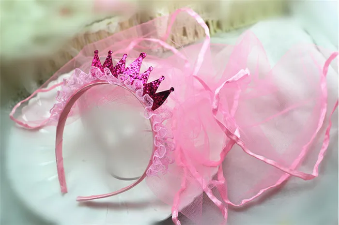 Розовый вуаль Золото Тиара, корона, диадема для детей обувь девочек принцесса головные уборы головной убор на праздник, украшение для