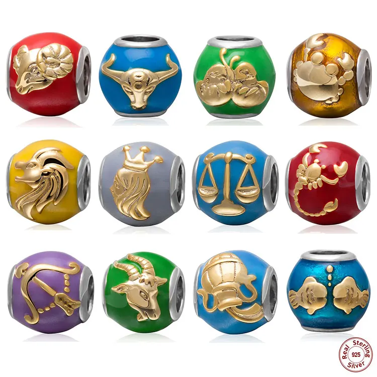 Gold Plated cancer Zodiac Sign Charms Enamel Bead 925 Sterling Silver compatible DIY European