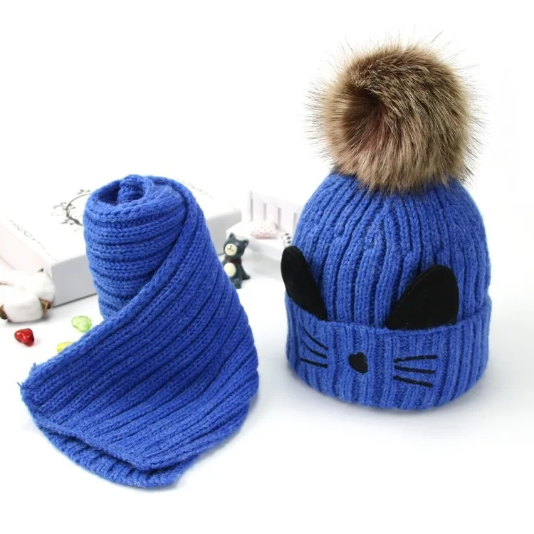 Cartoon cat hairball beanies sets velvet wool kids Child Knitted fur hats winter fur inside 2 pcs baby girl scarf hat set