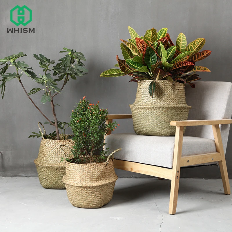 WCIC Handmade Rattan Storage Basket Foldable Seagrass Straw Hanging Woven Garden Plant Flower Pot Handle Toy Storage Container