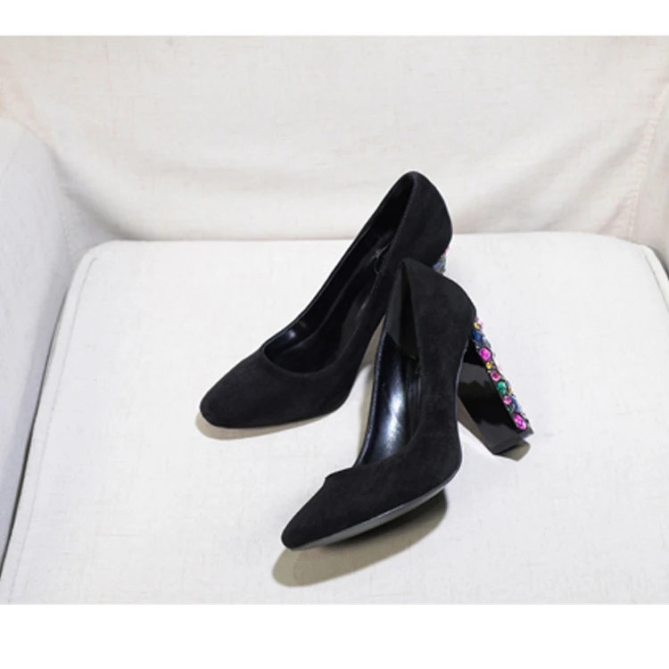 Knsvvli/женские туфли-лодочки черного цвета со стразами на не сужающемся книзу массивном каблуке модные женские туфли из флока на высоком каблуке с круглым носком, стразы