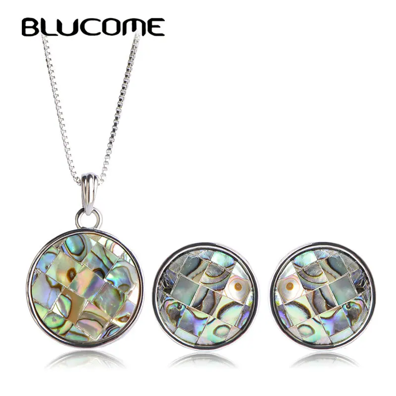 

Blucome Precious Round Abalone shell Thin Necklace Earrings Set Women Lady Colar Brincos French Hooks Link Chain Jewelry Sets