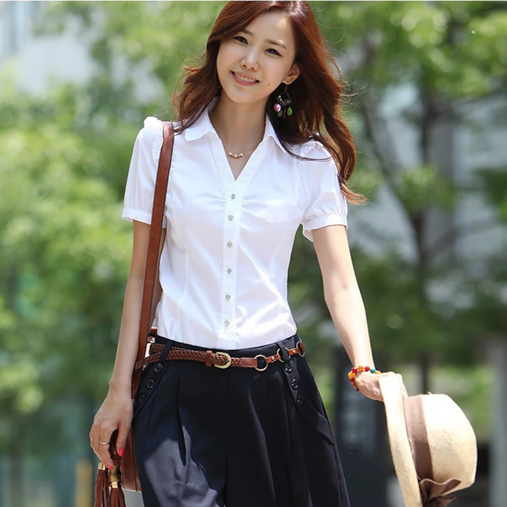 2019 Summer Women's Short Sleeve Cotton Blouses Shirts Plus Size Ladies Officewear Elegant Blouse Feminina White Formal Shirt